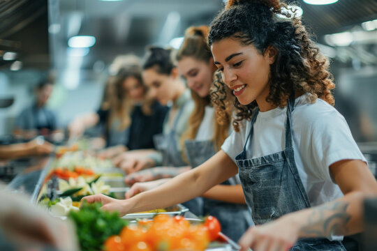 Students in a culinary class cooking together, friends cooking dinner, education in culinary arts