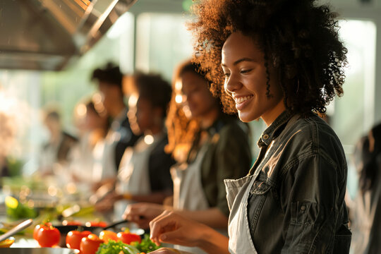 Students in a culinary class cooking together, diverse group preparing organic food, engaging in culinary hobby