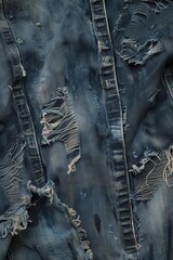 A detailed image of worn denim fabric with visible stitching, faded areas, and frayed edges, capturing the casual, rugged texture, vintage fashion