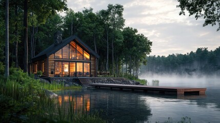 Obraz premium A cozy lakefront cabin with rustic wooden logs, large glass windows reflecting the calm water, and a wooden dock stretching into the crystal-clear lake.
