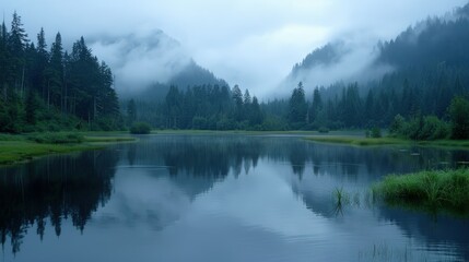 Serene Mist-Covered Lake in a Tranquil Forest