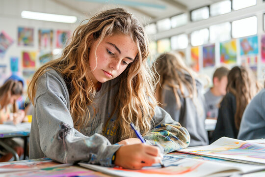 student in drawing class, artist working with art supplies, adolescent painting in studio