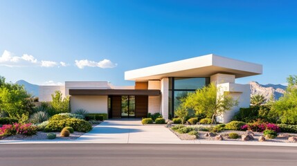 Fototapeta premium Contemporary home with sleek architecture, no people, clear sky, and room for copy