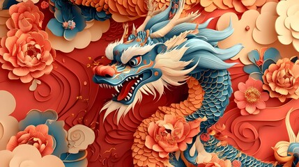 Stunning of a vibrant spring themed Chinese New Year dragon adorned with intricate floral motifs and ornate patterns symbolizing renewal auspiciousness and the welcoming of new beginnings