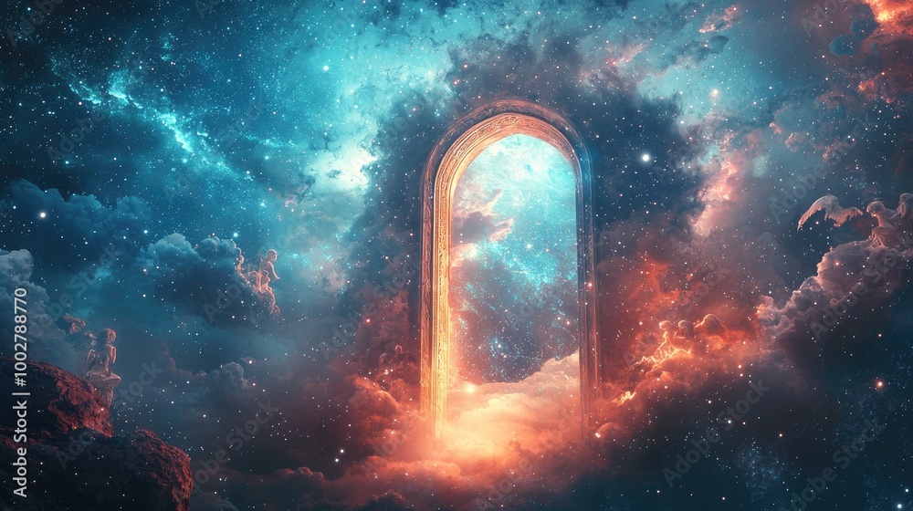 Wall mural a digital art piece depicting an ethereal gate floating in the vast expanse of space, ethereal and d