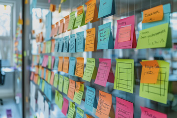 Obraz premium A board with post-it notes reporting work progress sits on a table in a modern office.