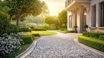 Obraz premium Elegant city house with a stone pathway and clean background, with room for copy or branding