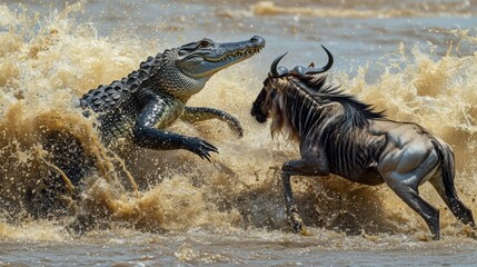 Fototapeta premium Crocodile Chases Wildebeest in Wild Water Scene