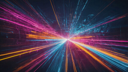 Digital art image featuring a vibrant and dynamic abstract design. Blend of horizontal and diagonal lines, creating a sense of motion and speed with a colorful array of light trails in various hues.