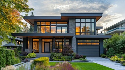 Fototapeta premium Elegant modern home with large windows in an urban neighborhood, ample copy space available