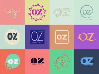 OZ logo company template. Letter o and z logotype. Set different classic serif lettering and modern bold text with design elements. Initial font typography.