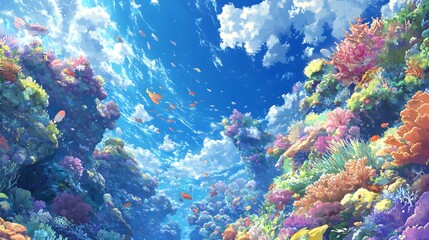 Fototapeta premium a vibrant and colorful illustration of an underwater scene. It depicts a coral reef with a variety of corals in different shapes and colors, including shades of orange, pink, purple, and green