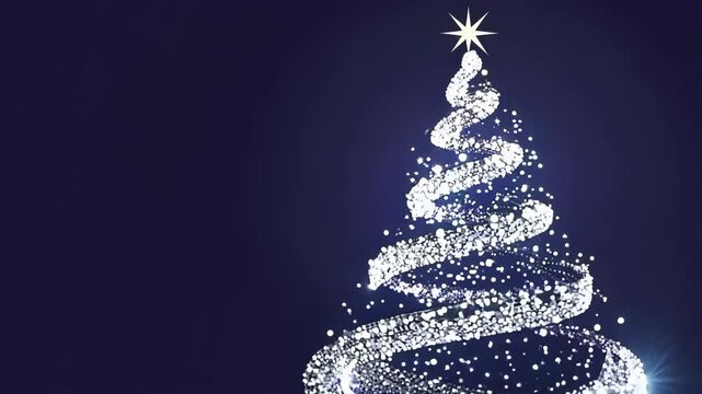 Christmas tree model made of white sparkling stars isolated on a deep blue background. Swirling, spinning, rotating animation. Holiday magic digital card, decoration for festive holiday season.