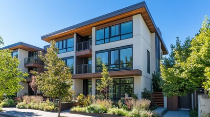 Fototapeta premium Elegant modern home with large windows in an urban neighborhood, ample copy space available