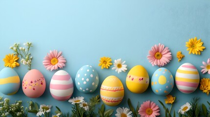 Fototapeta premium Vibrant and artfully decorated Easter eggs arranged with beautiful springtime flowers creating a festive and cheerful holiday display