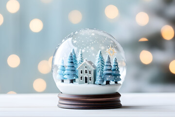 A beautiful snow globe featuring a cozy cottage surrounded by evergreen trees, capturing a winter scene with falling snowflakes and shimmering Christmas lights on background.