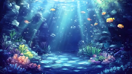 Fototapeta premium an underwater scene with a vibrant and colorful coral reef. Sunlight filters down through the water, creating beams of light that illuminate the scene