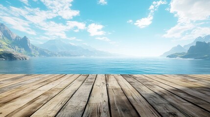 Fototapeta premium A wooden deck extending towards a vast ocean, with mountains and coastline only visible on the peripheries
