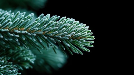 Close-up of a frosted pine branch against a dark background.