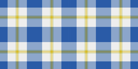 Comfortable fabric background check, give texture seamless pattern. Drawing textile tartan vector plaid in blue and yellow colors.