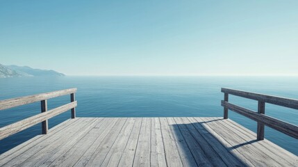 A wooden lookout with no railings, overlooking a serene ocean with coastline and mountains visible only on the sides