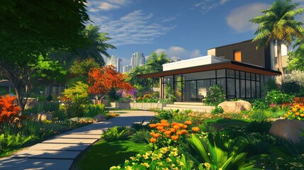 Fototapeta premium Modern city house with a lush garden, wide open sky and copy space available