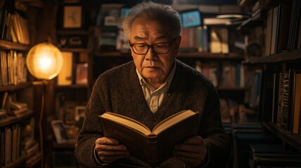 An elderly Asian man with glasses is reading a book in a cozy library, surrounded by bookshelves and warm lighting