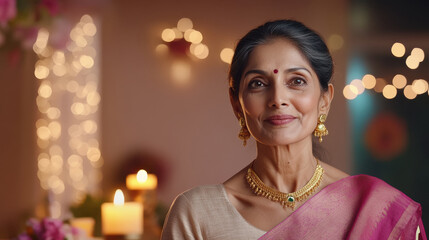 indian senior woman wearing pink sari on diwali festival