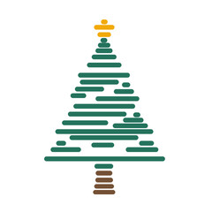 green Christmas fir tree icon symbol, in stripe form with rounded lines, modern as digital or creative simplified outline silhouette, yellow star, isolated