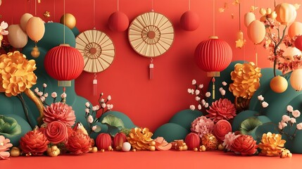 Vibrant and Festive Chinese New Year Backdrop with Bright Symbols and Joyful for Welcoming the Lunar New Year with Auspicious Prosperity and Harmony