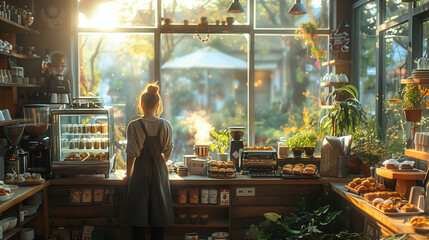 Naklejka premium A Cozy Cafe Interior Bathed in Warm Morning Sunlight