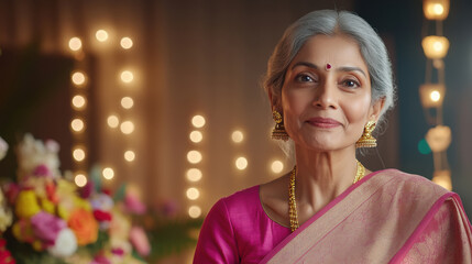 indian senior woman wearing pink sari on diwali festival