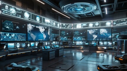 Obraz premium High-Tech Control Room with Large Display Screens