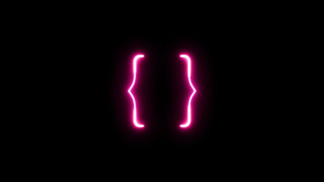 Neon curly brackets, curly braces animation on black background.