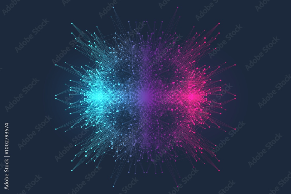 Poster Scientific vector illustration quantum computer technology. Plexus fiction effect. Deep learning artificial intelligence. Big data algorithms visualization. Quantum explosion background.