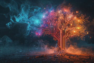 Tree with electronic components and multi-colored smoke, pitch black background.