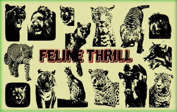 Feline Thrill a set of graphic resources. Photocopy and halftone effect for grunge, punk, y2k, pulp, pop collage, poster, tshirt design. Vector illustration with elements on separate background.