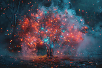 Fototapeta premium Tree with electronic components and multi-colored smoke, pitch black background.
