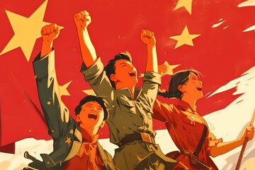 Fototapeta premium Peoples with rising fists holding Chinese flag. Party Founding Day, National Day of the People's Republic of China, China National Day, Labour Day. Propaganda patriotic concept for design