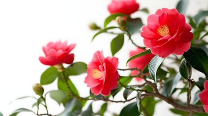 Obraz premium a cluster of vibrant red flowers with lush green leaves. The flowers are likely camellias, characterized by their layered petals and bright yellow centers