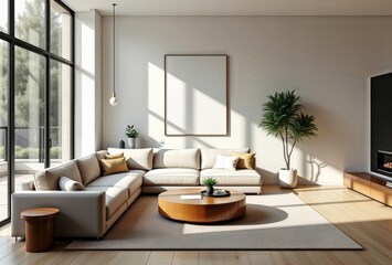 Fototapeta premium Open Plan Living. Sleek contemporary living room with L-shaped sofa, round coffee table, and large windows letting in natural light.