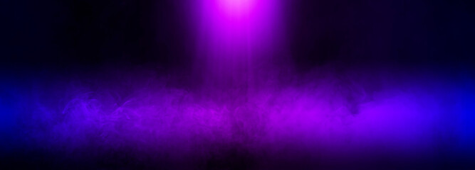 Futuristic empty neon Halloween background or wallpaper, purple and dark scene blue gradient, colorful Abstract high tech light, spooky night with smoke float up, asphalt floor, studio product