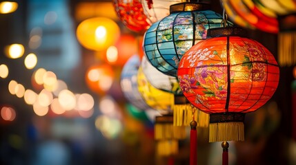 Obraz premium Brightly Lit Festive Chinese New Year Lanterns with Vibrant Celebrating the Lunar Holiday Traditional Chinese culture and joyful with colorful glowing lanterns and auspicious patterns