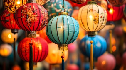 Vibrant and Colorful Chinese New Year Lanterns with Intricate Traditional Designs Hanging to Celebrate the Joyous Lunar Festival  The Glowing Lanterns Create an Auspicious and Festive Atmosphere