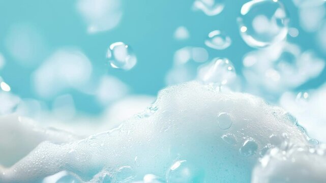 Soap foam moving in grey background, natural shampoo white bubbles motion, slow motion, 8K downscale, 4K.
