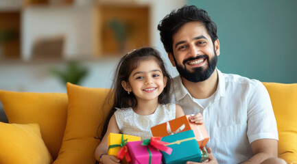 happy indian father and daughter holding gift boxes on diwali festival