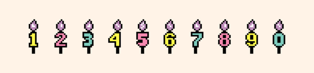 Happy Birthday candle number icon set. Cute event decoration element in pixel art style. Party, celebration colorful design. Vector illustration. Y2k vintage pixel icons. Game abstract collage sticker