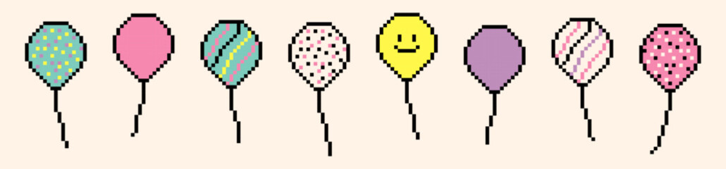 Birthday ballon icon set. Event decoration element in pixel art style. Party, carnival celebration concept background. Vector illustration. Y2k vintage pixel icons. Game abstract collage sticker
