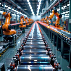 Fototapeta premium Automated Factory. An industrial setting with rows of orange robotic arms along a production line, with metal cylinders on a conveyor belt.