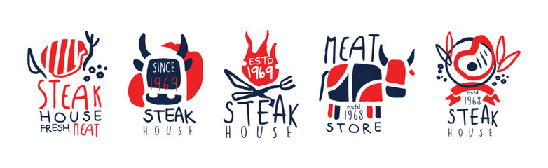Steak House or Meat Store Typography Label Design Vector Set